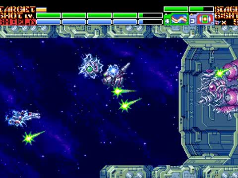 STAGE 6終盤で右側の大型標的へ射撃している実機画面